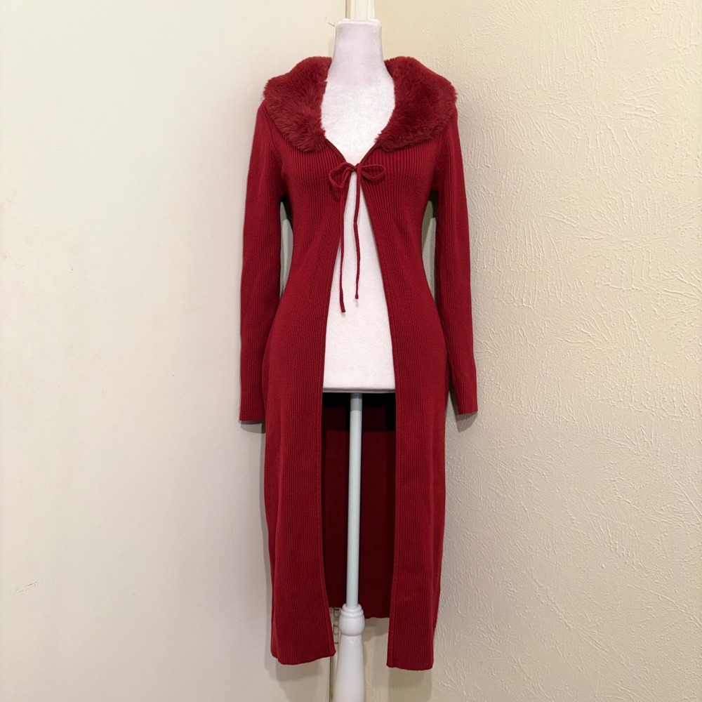 Red Burgundy Ribbed Knit Faux Fur Collar Longline Front Tie Cardigan Goth M